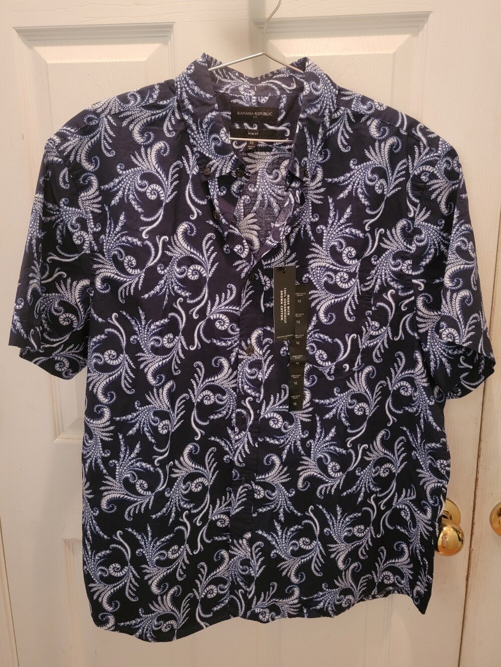 NWT Banana Republic Mens Navy Paisley Pattern Short Sleeve Slim Fit Shirt - XL